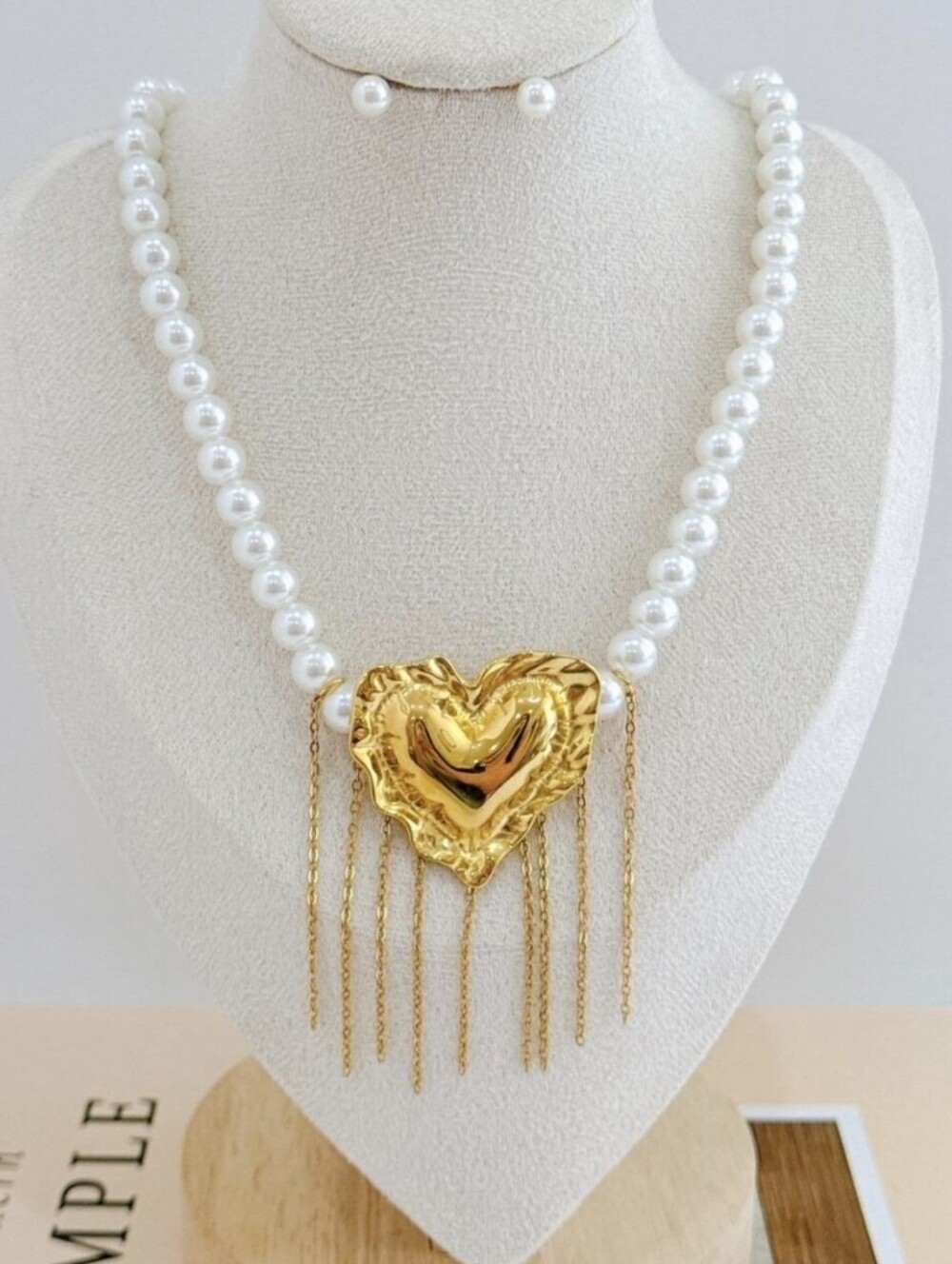 Pearl Necklace with Gold Heart Pendant and Fringe STAINLESS STEEL